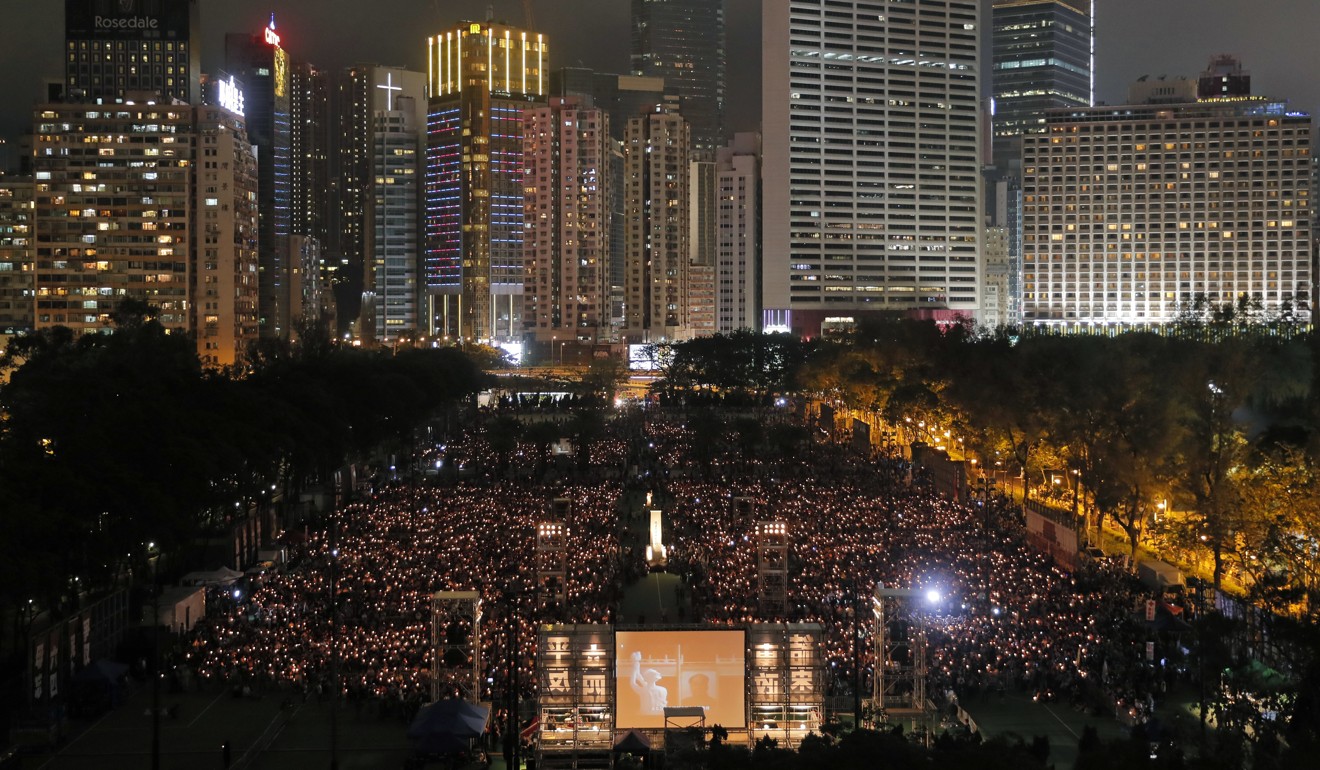 Thousands of people attend a candlelight vigil on June 4 this year to mark the 28th anniversary of the Tiananmen Square crackdown on pro-democracy protesters. Photo: AP