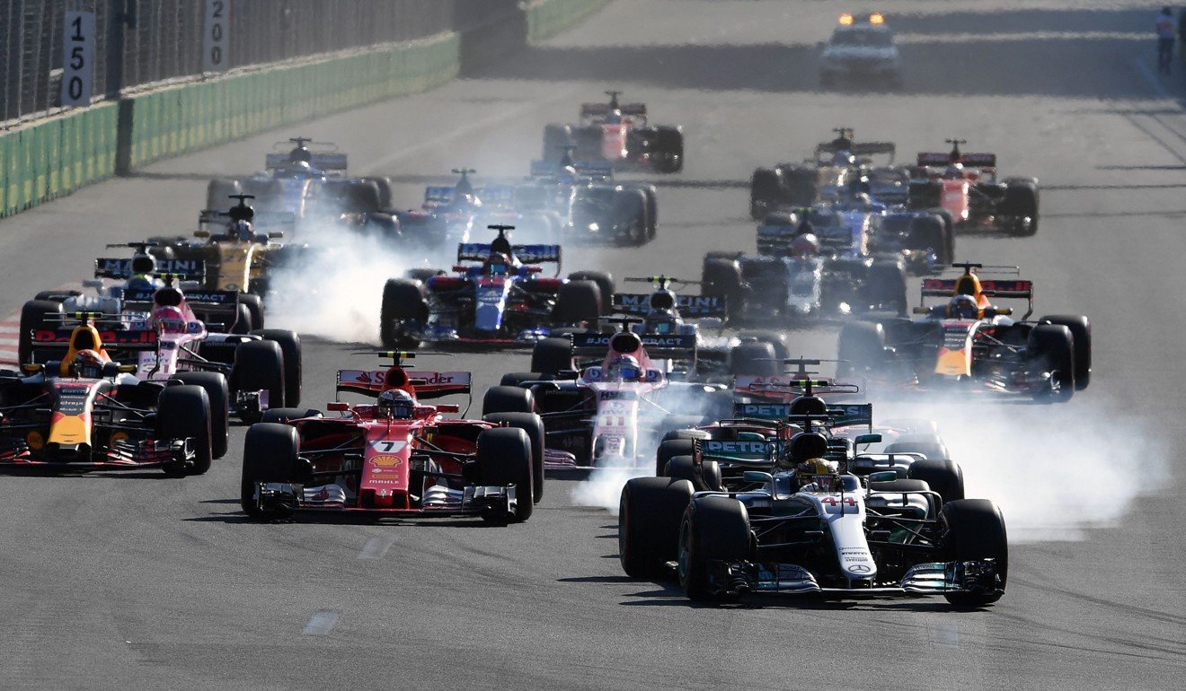 Mercedes' British driver Lewis Hamilton leads the group at the start of the Formula One Azerbaijan Grand Prix. Photo: AFP
