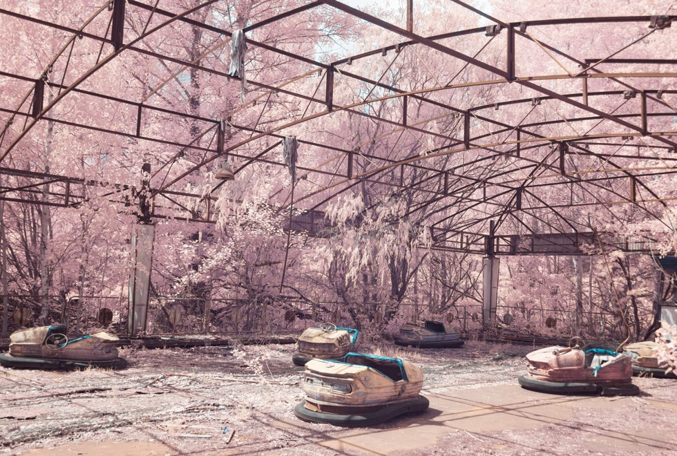 Bumper cars at a fairground in the ghost town of Pripyat taken with an infrared filter. Photo: Handout