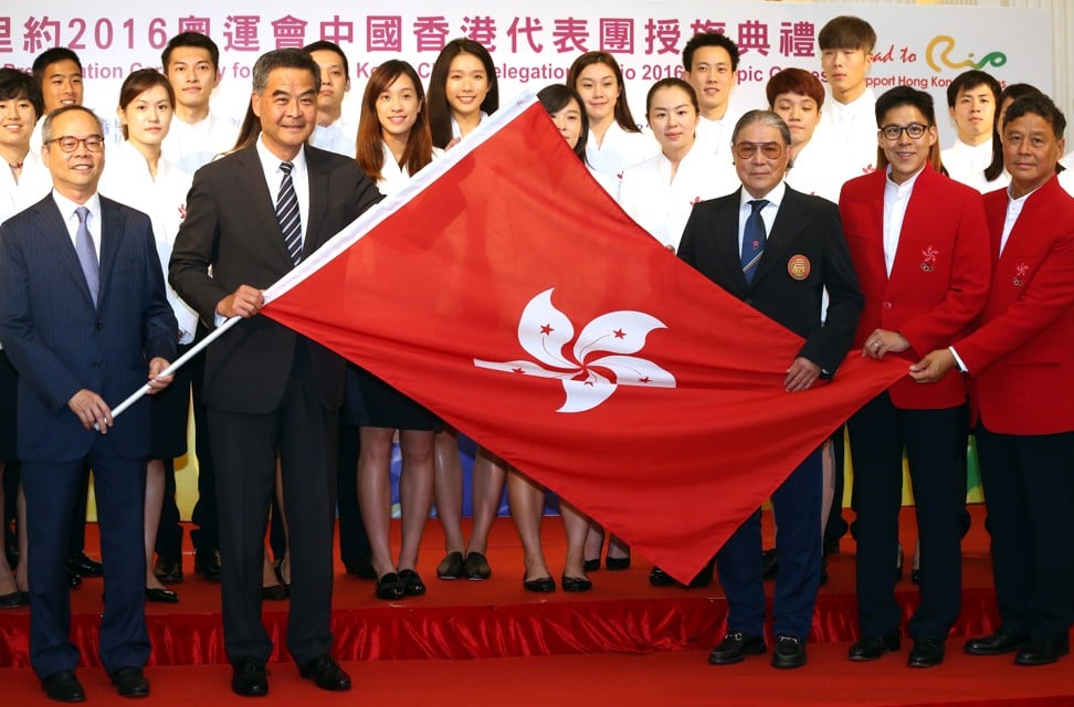 (From L to R) Lau Kong-wah; Leung Chun-ying; Timothy Fok Tsun-ting; Kenneth Fok Kai-kong; and Ronnie Wong Man-chiu attend the Flag presentation to the Hong Kong Delegation for the Rio Olympics in Government House. Photo: K. Y. Cheng
