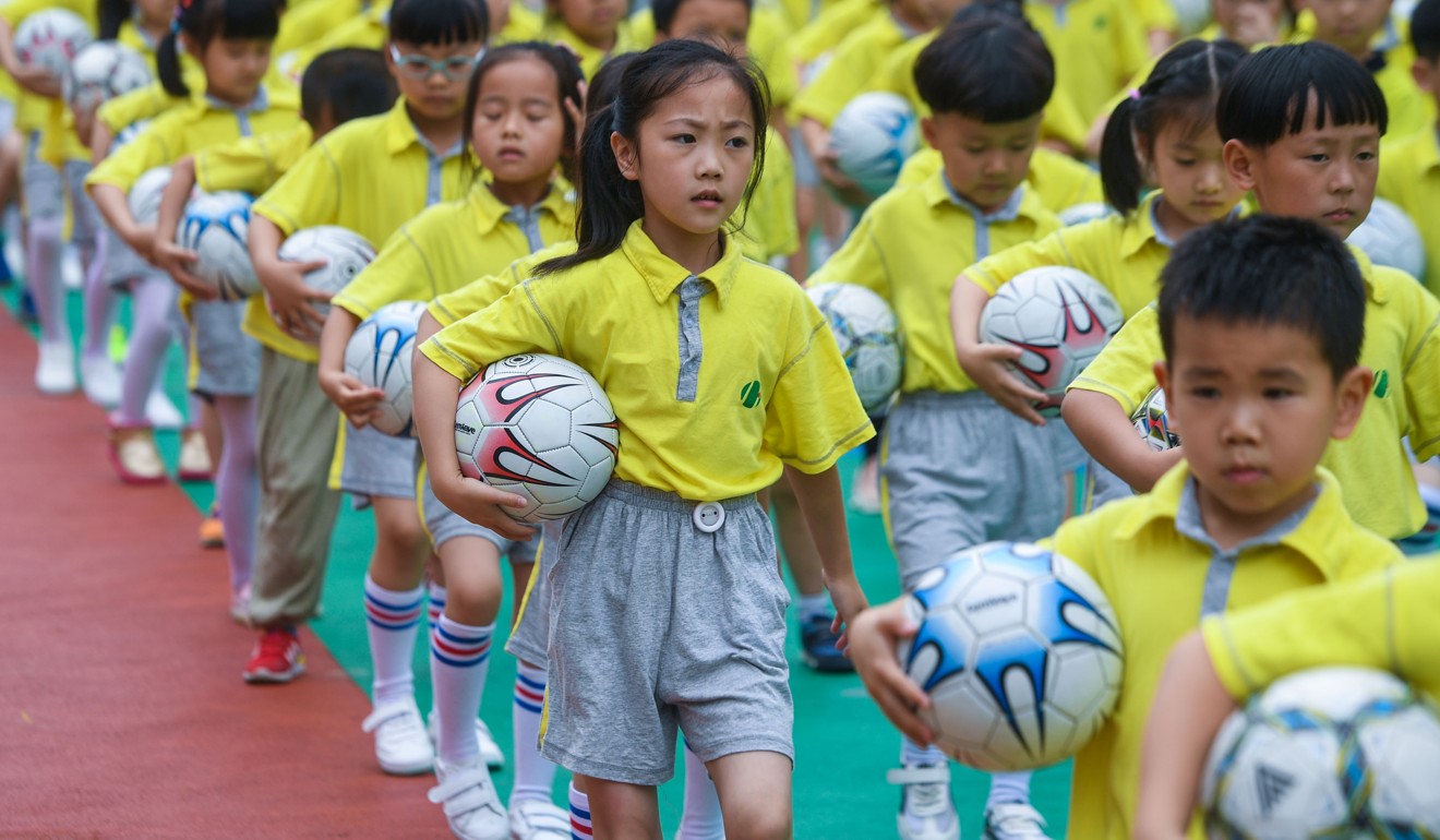 Children participate in a football festival at a kindergarten in China's Zhejiang Province. The mainland market for children’s wear is forecast to grow 8 per cent this year to 180 billion yuan. Photo: Xinhua