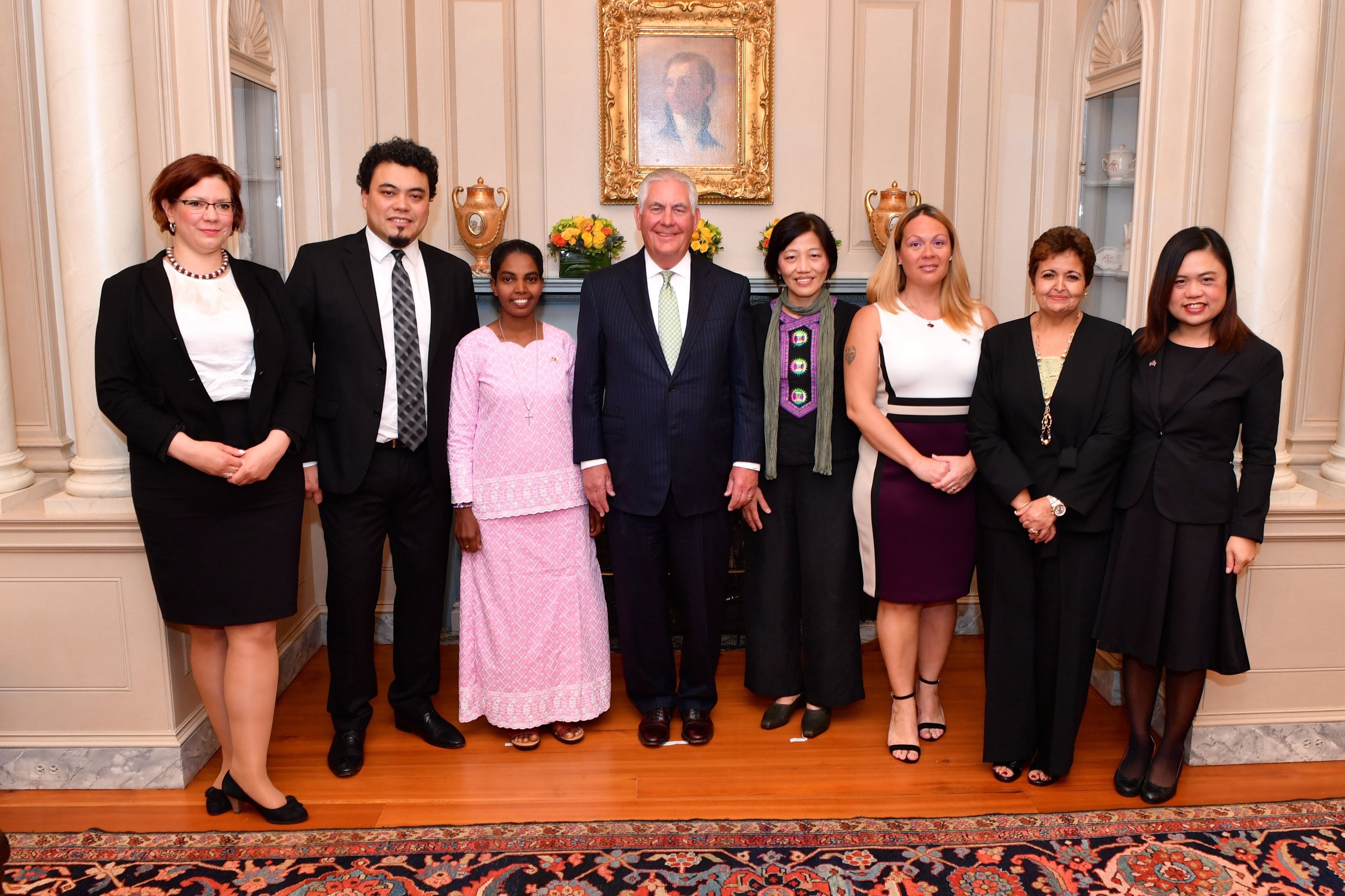 US Secretary of State Rex Tillerson (fourth left) poses with 2017 Trafficking in Persons Heroes in Washington on June 27. Heroes honoured this year were from Argentina, Brazil, Cameroon, Hungary, India, Morocco, Taiwan and Thailand. Photo: EPA/US Department of State