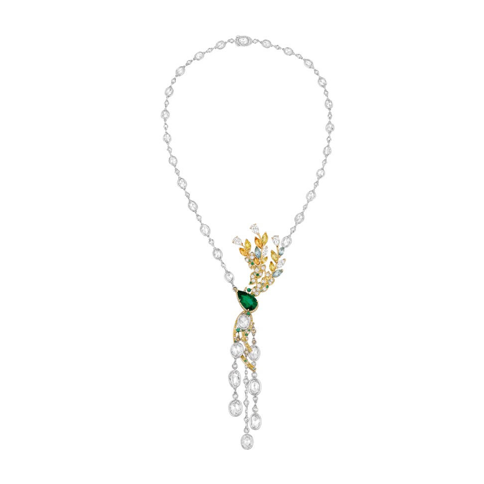 The Épi d’Été necklace in platinum and 18ct white and yellow gold is set with a 4.7ct pear-cut emerald. It also features yellow sapphires, aquamarines, Paraiba tourmalines, yellow diamonds, brown diamonds, cognac diamonds and brilliant-cut emeralds. Price on request