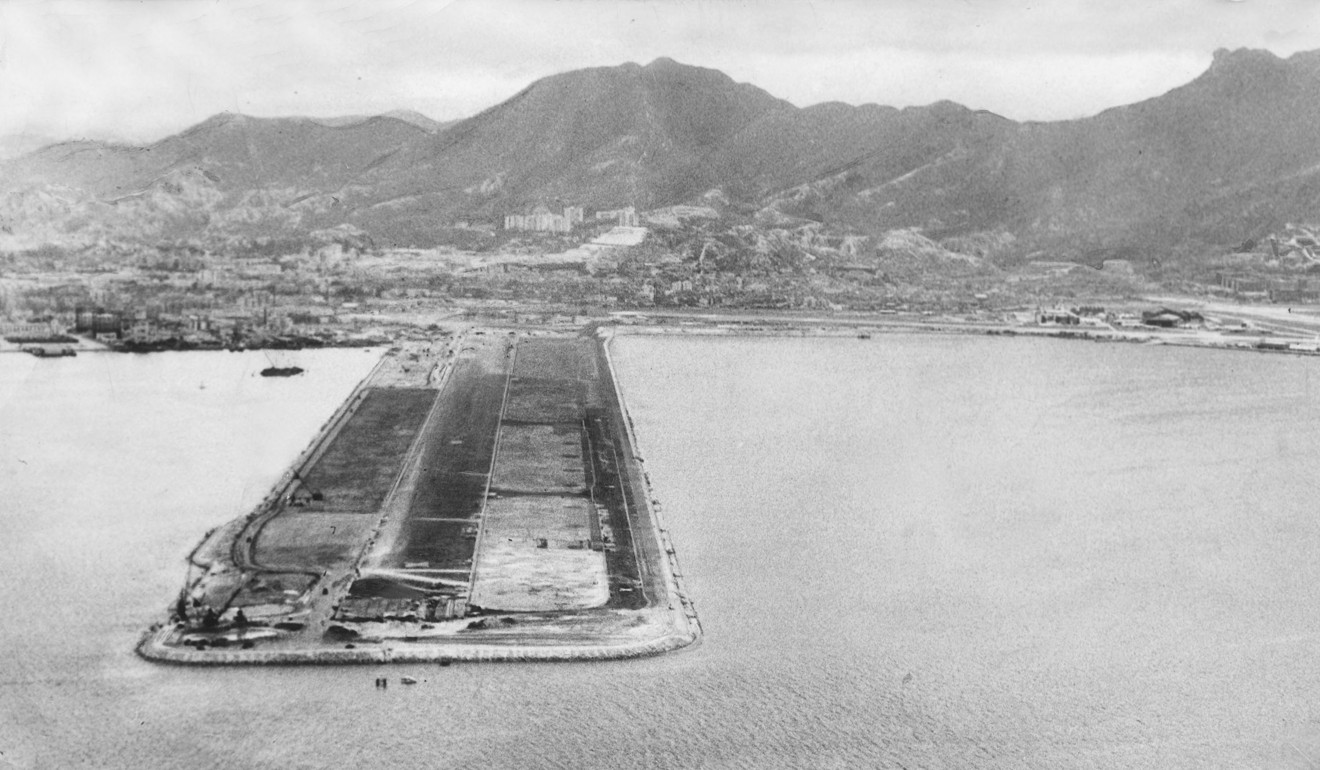 The runway of Hong Kong Kai Tak Airport in 1958. Lights were fitted at 200ft intervals along it for night landings and take-offs. Picture: SCMP