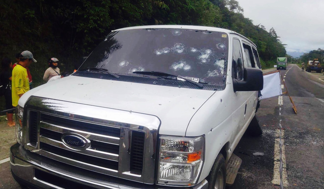 The bullet-riddled van that was ambushed with some members of the Presidential Security Group (PSG) on board. Photo: AFP