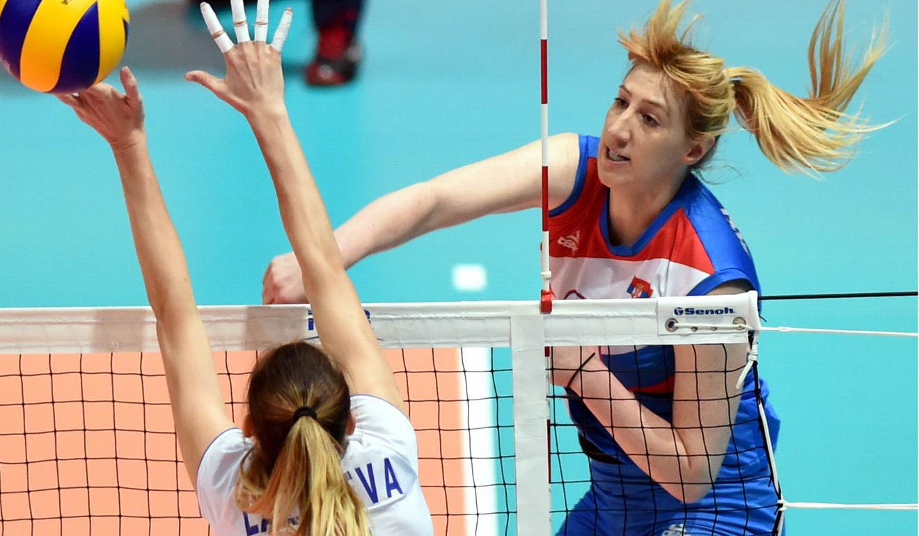 Serbia take on Russia at the Hong Kong leg of the World Grand Prix. Photo: Xinhua