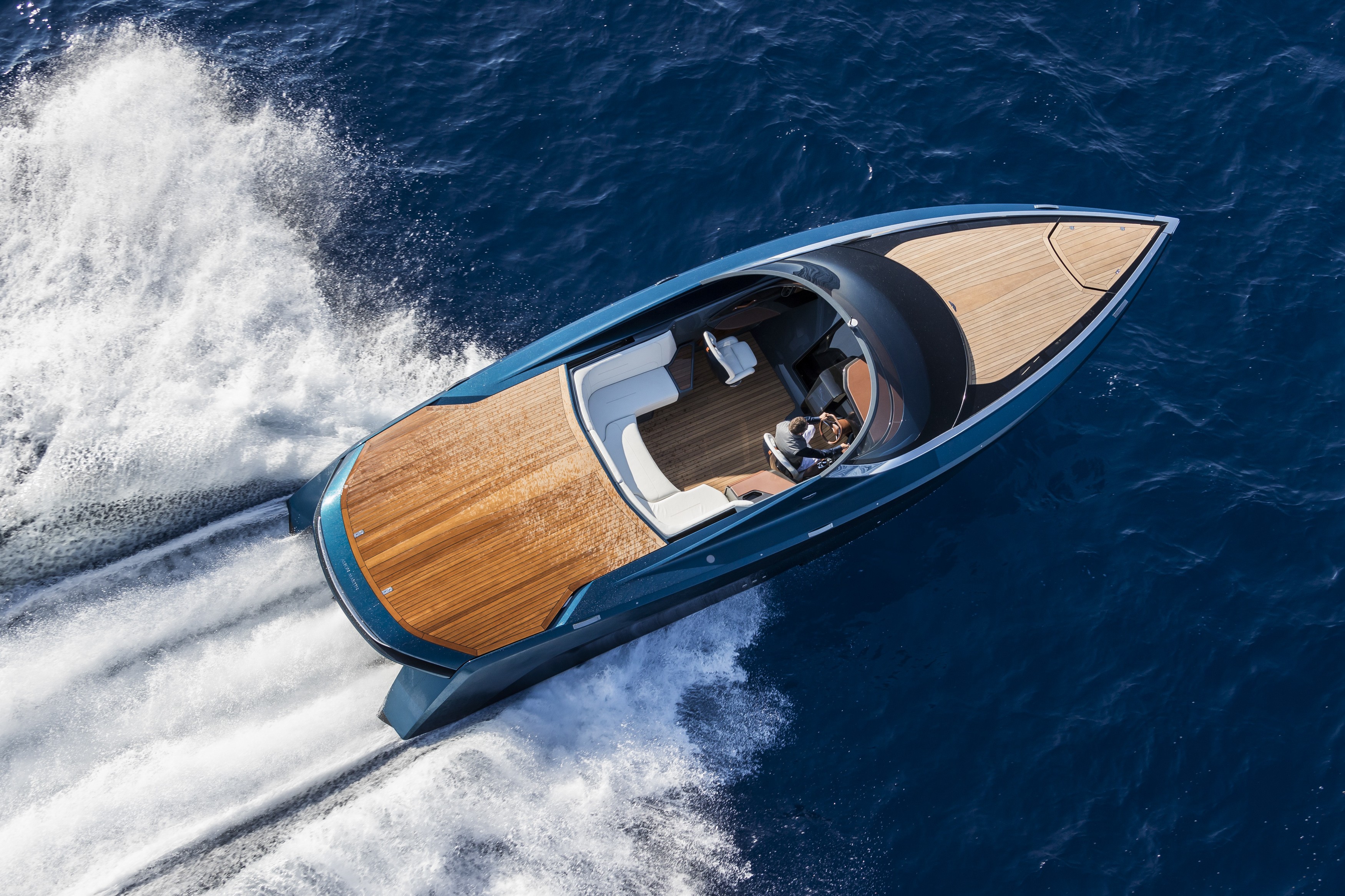 The result of a partnership between Quintessence Yachts and Aston Martin,ok the AM37 is a Bond-worthy powerboat, capable of reaching 50 knots. Photo: Carlo Borlenghi