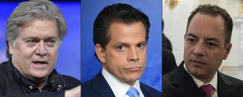 This combination of pictures shows White House adviser Steve Bannon; former White House communications director Anthony Scaramucci,; and former White House chief of staff Reince Priebus. Photo: AFP