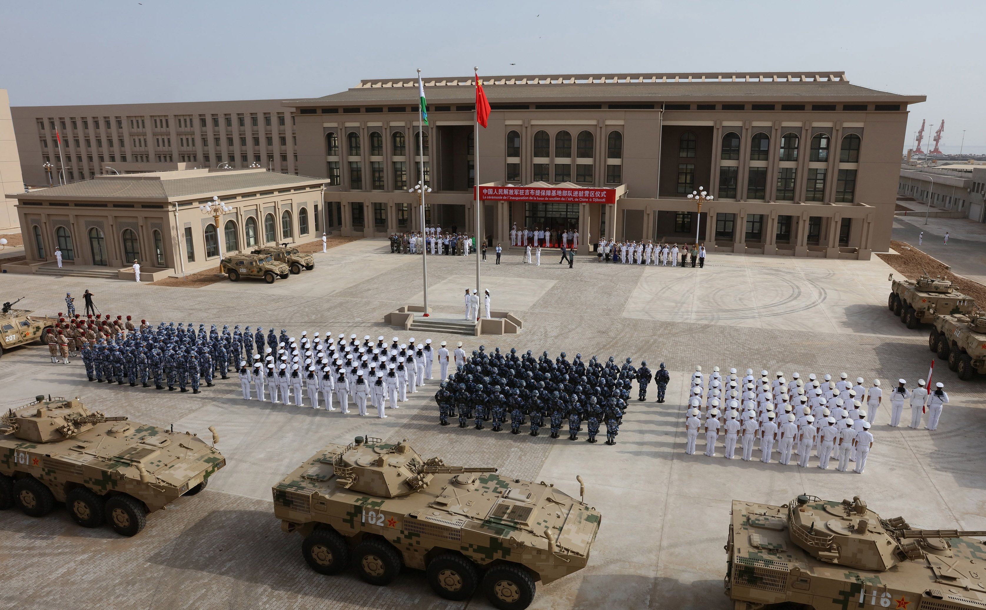 People's Liberation Army personnel attend the opening ceremony of China’s new military base in Djibouti on August 1. Photo: AFP