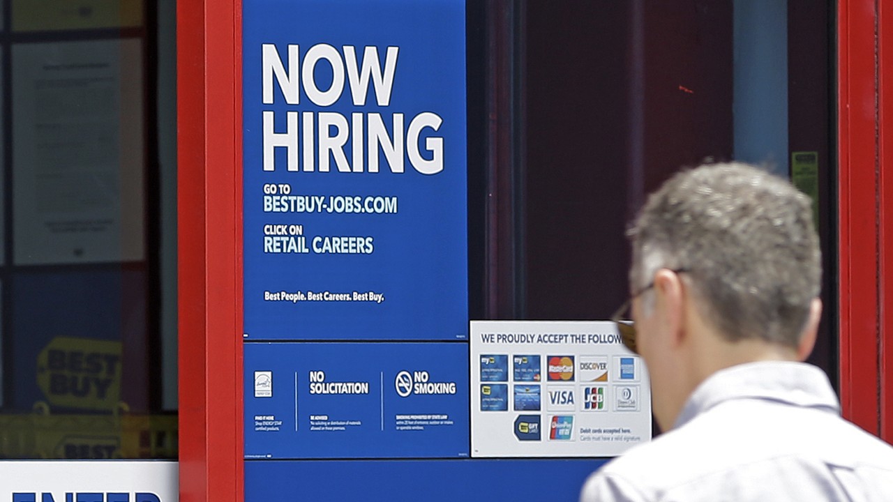 In this Monday, May 22, 2017, photo, a "Now Hiring" sign welcomes a customer entering a Best Buy store in Hialeah, Fla. Photo: AP Photo/Alan Diaz