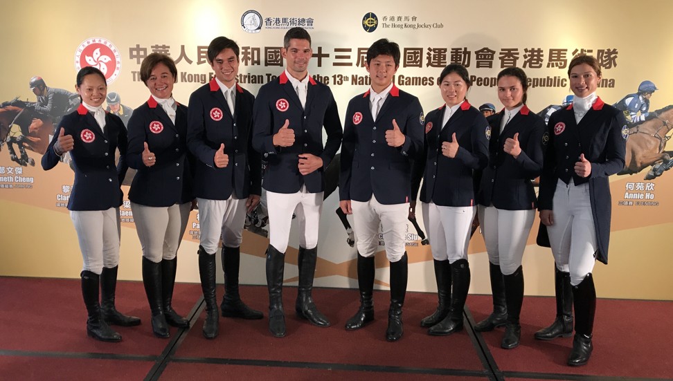 Hong Kong’s equestrian team. (From L to R) Annie Ho, Nicole Pearson, Thomas Ho, Lam, Cheng, Leung, Lyra and Jacqueline Siu.