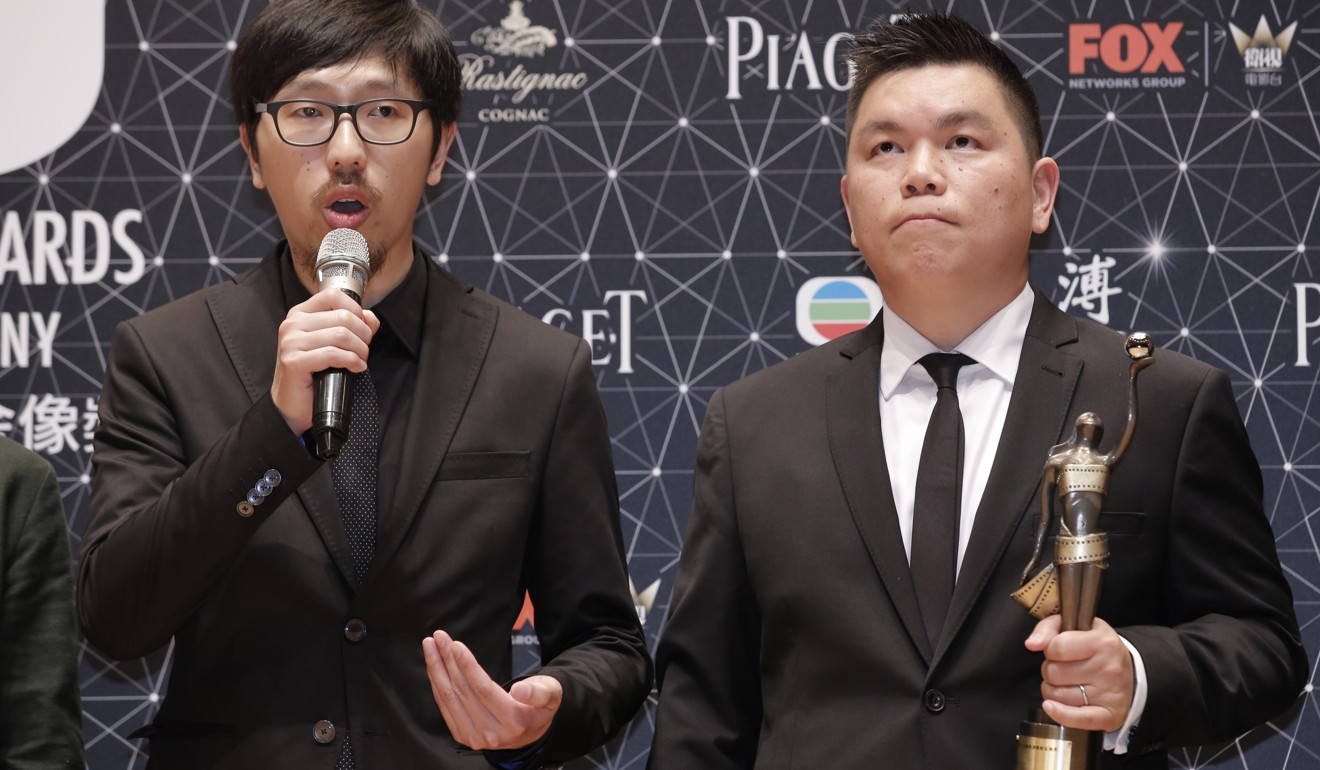 Director Ng Ka-leung (left) and producer Andrew Choi after winning the Best Film award for Ten Years at the Hong Kong Film Awards in April 2016. Photo: AP