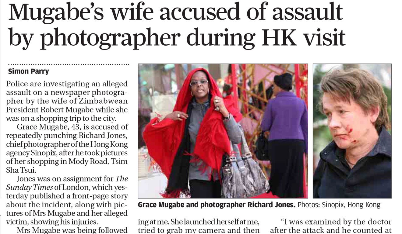 The SCMP report on the 2009 incident in Hong Kong involving the Zimbabwean first lady Grace Mugabe and photographer Richard Jones.