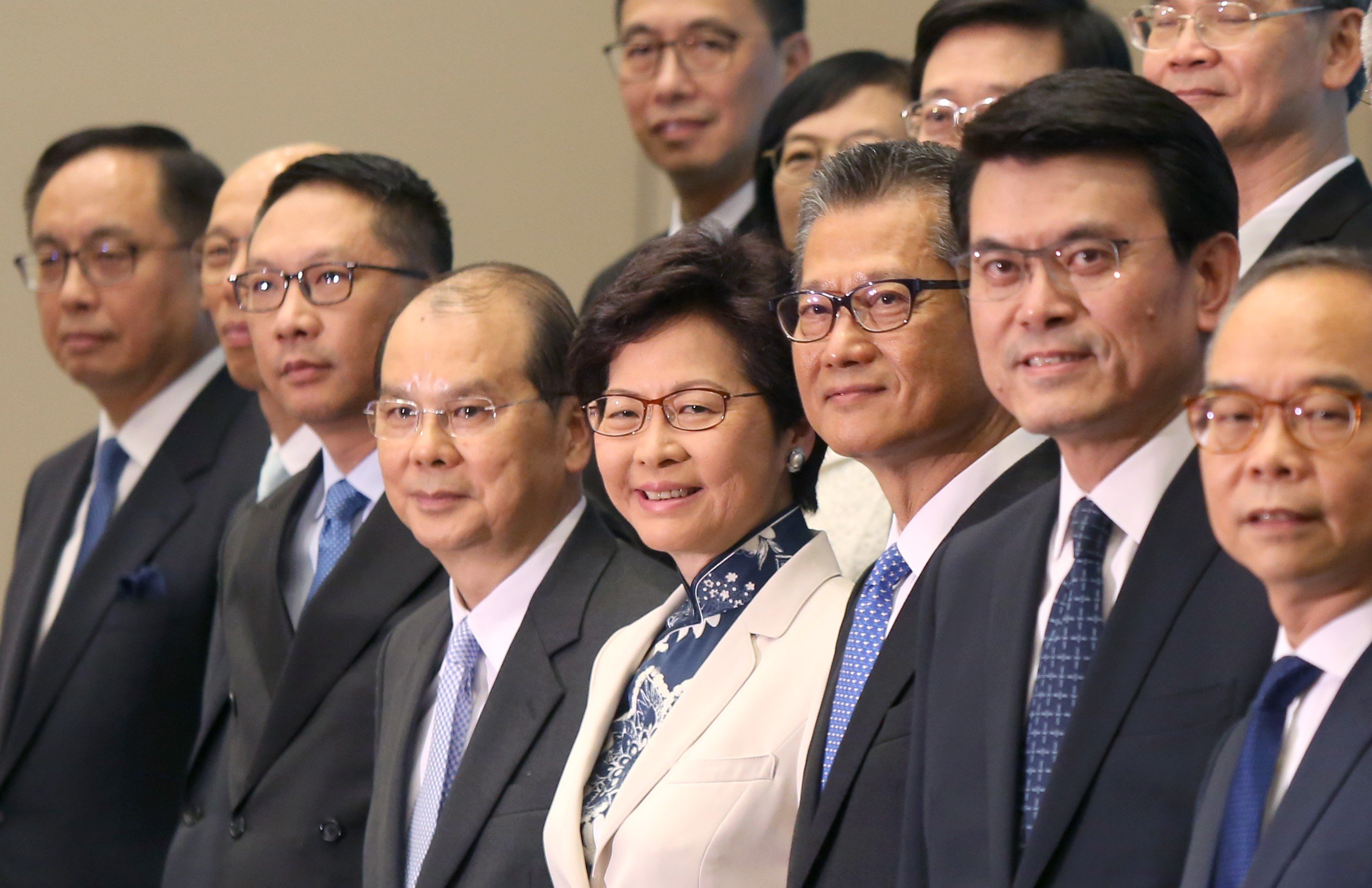 Then chief executive-elect Carrie Lam presents her cabinet at the government headquarters in Tamar, on June 21. Photo: Xiaomei Chen