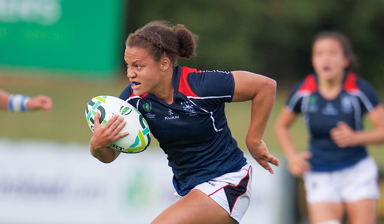 Natasha Olson-Thorne on her way to scoring Hong Kong's first try of the Women's Rugby World Cup.