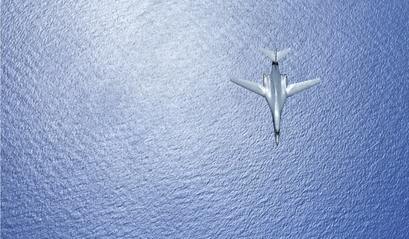 A US B-1B Lancer flies out of Andersen Air Force Base, Guam. Photo: AP