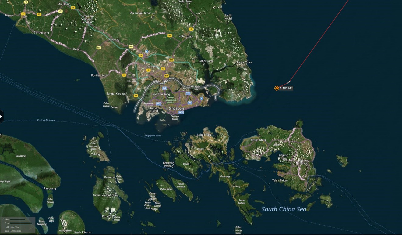 A map shows the location where the Alnic MC merchant vessel came to a halt after a collision with the guided-missile destroyer USS John S. McCain east of Singapore. Photo: Reuters