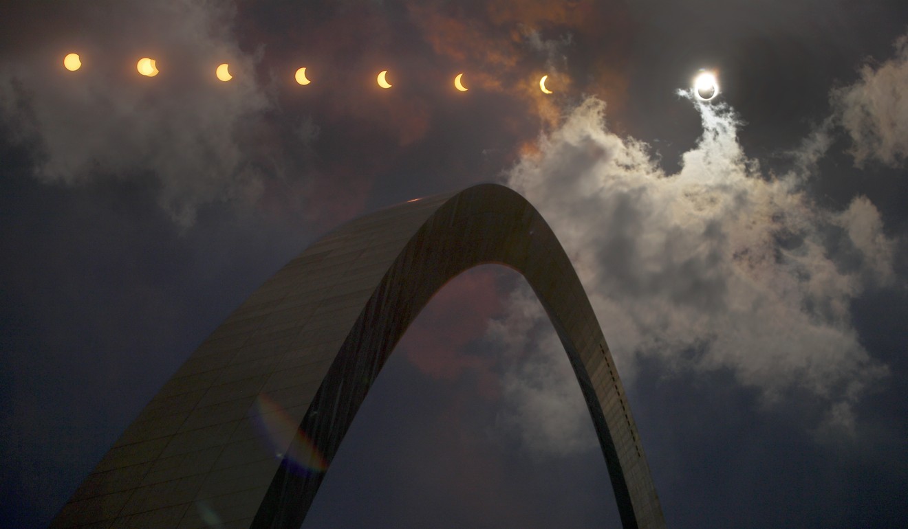 Multiple exposure photograph shows the phases of a partial solar eclipse seen over the Gateway Arch on Monday, August 21, 2017, in St. Louis, Missouri. Photo: AP
