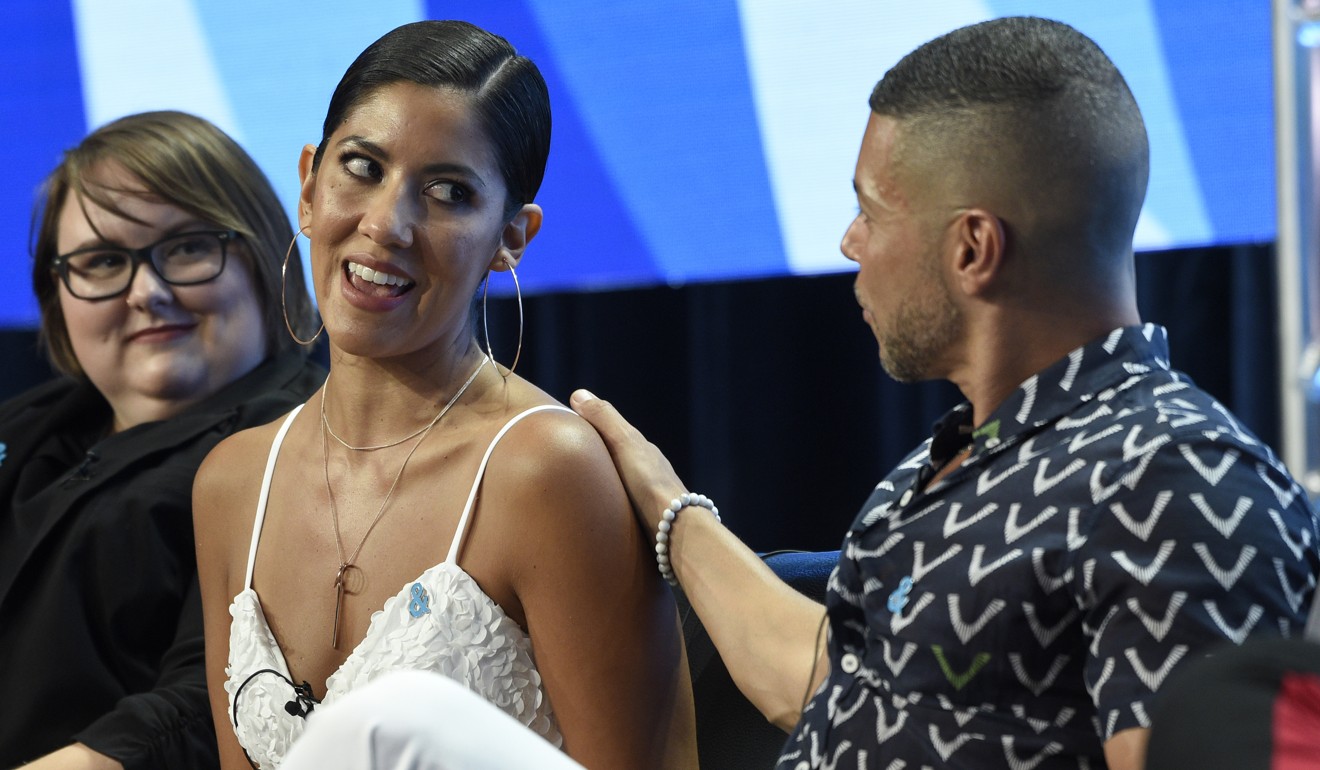 Glaad’s Megan Townsend (left) with Stephanie Beatriz (centre) and Wilson Cruz as they participate in the ‘Lesbian, Gay, and Bisexual Trends on TV Today’ panel at the Television Critics Association Summer Press Tour in Beverly Hills in August. Photo: AP