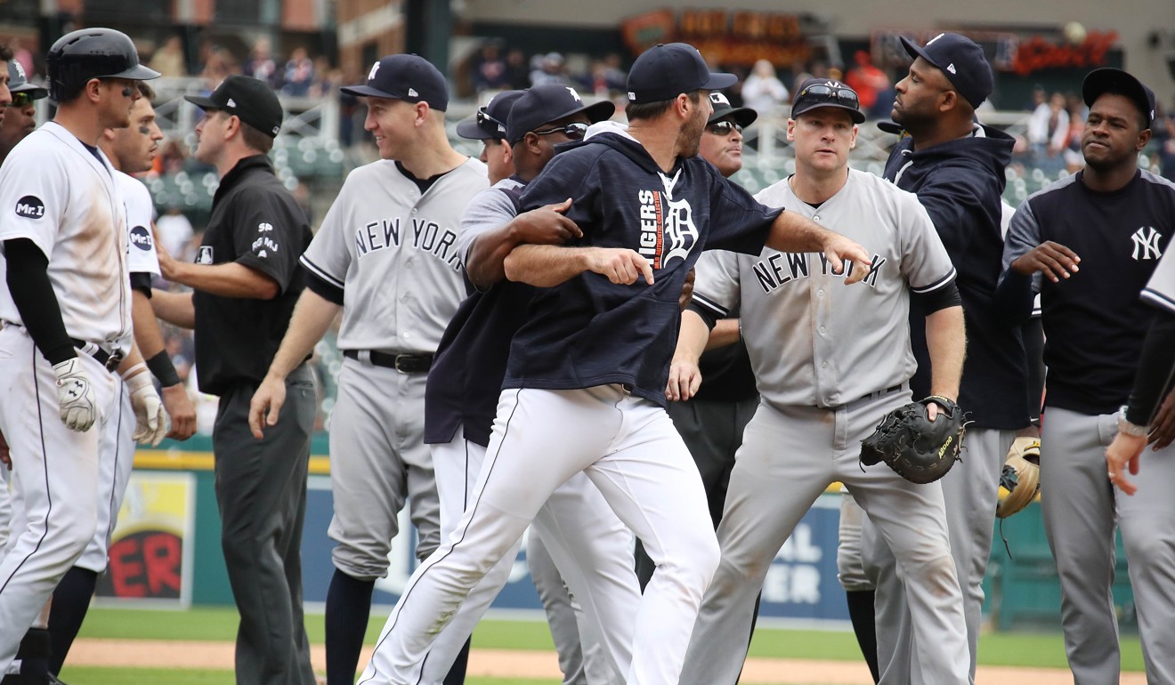 Justin Verlander of the Detroit Tigers gets involved in a seventh inning bench clearing brawl against the New York Yankees. Photo: AFP