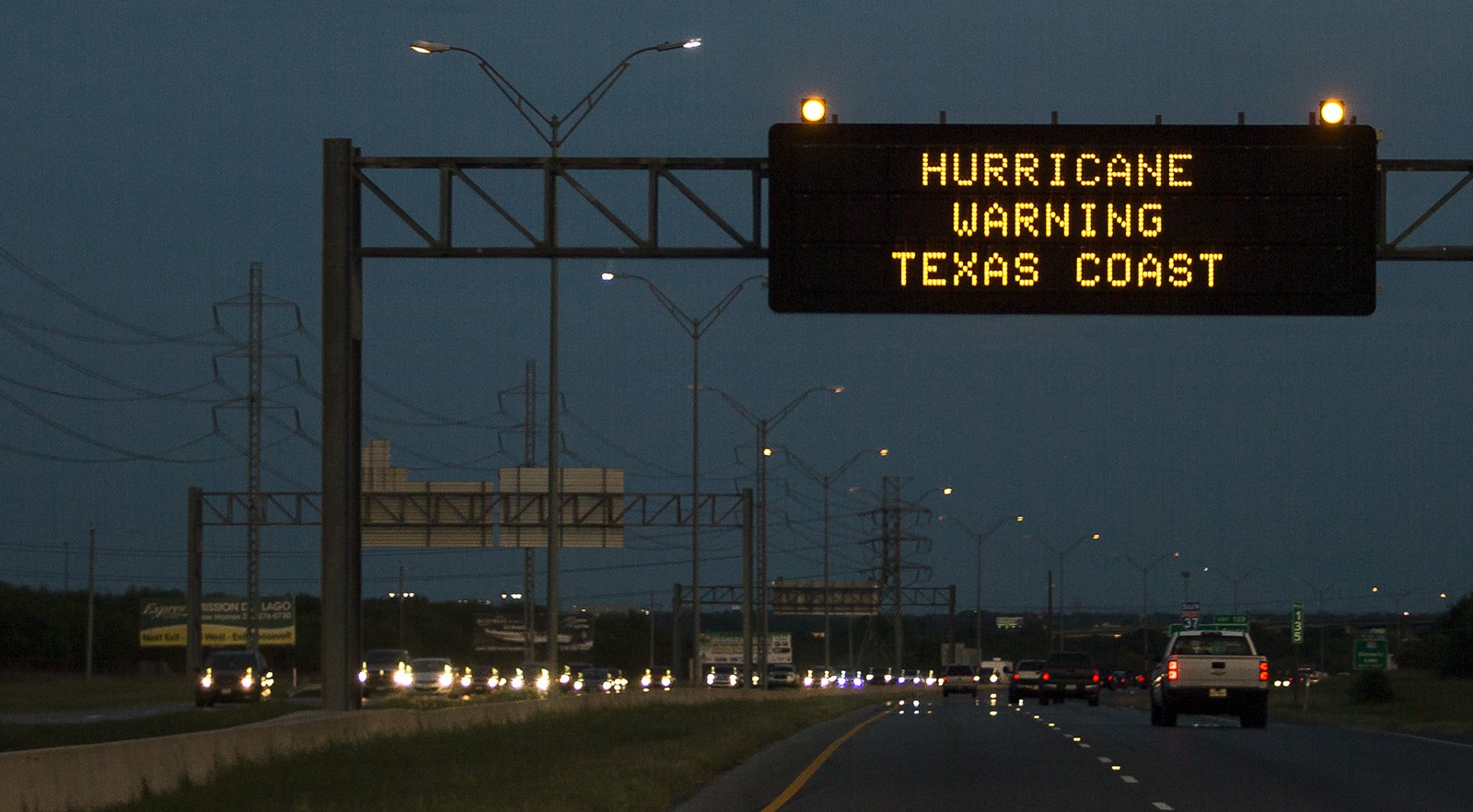 Traffic is heavy in anticipation of Hurricane Harvey on the Interstate-37 highway outside San Antonio, Texas. Conditions deteriorated Friday along the Texas Gulf coast as Hurricane Harvey strengthened and crawled toward the state, with forecasters warning that evacuations and preparations “should be rushed to completion.” Photo: Austin American-Statesman via AP