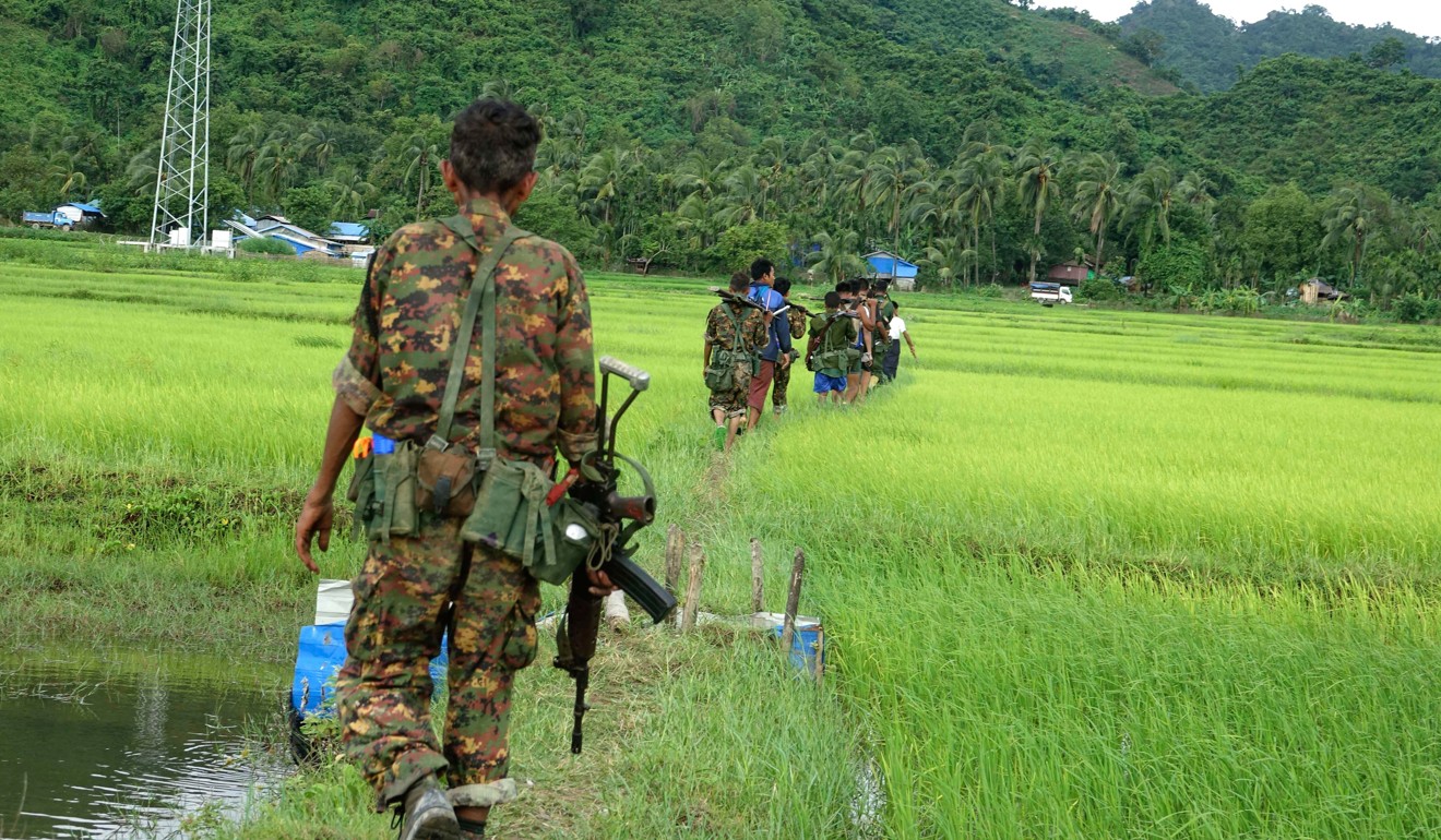 Myanmar soldiers in an area close to the fighting at Rathedaung township, Rakhine State. Photo: EPA