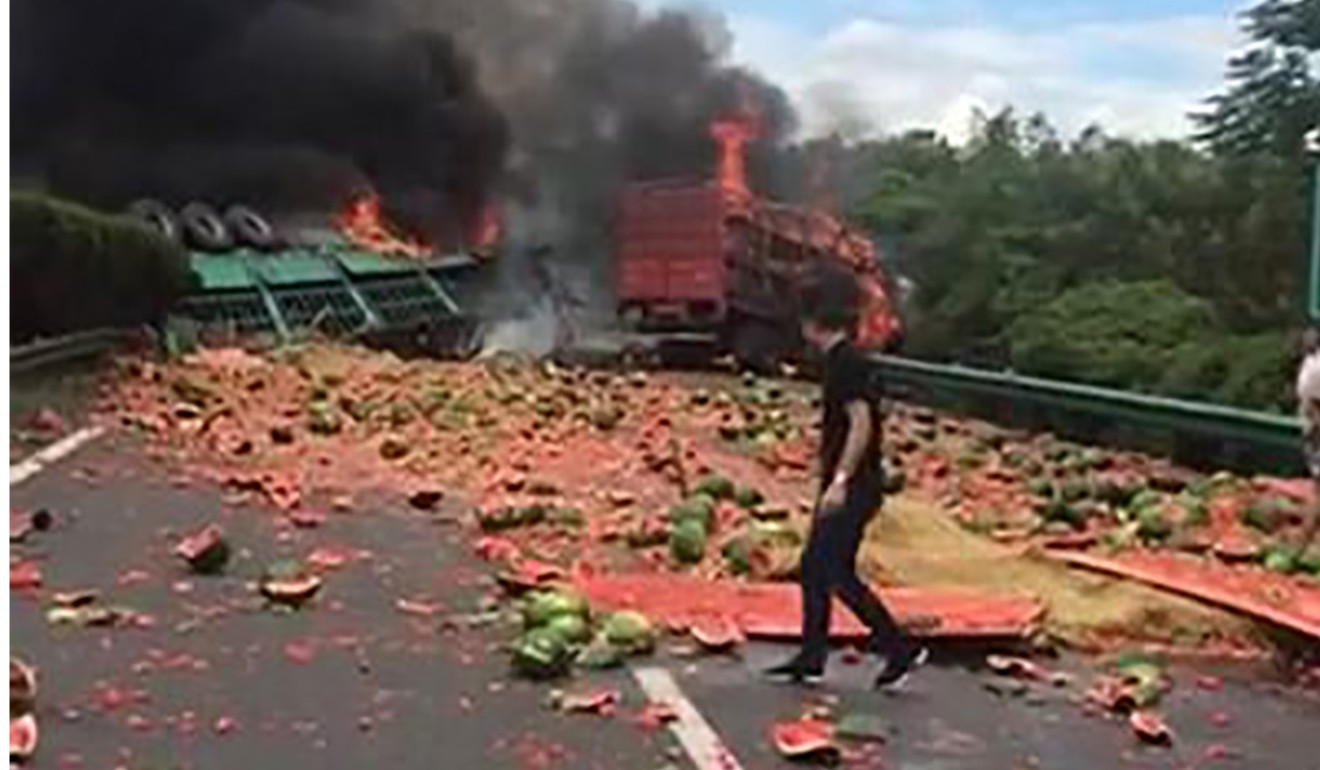 Two trucks erupted into flames after a collision on the Beijing-Hong Kong-Macau expressway on Monday. Photo: Handout