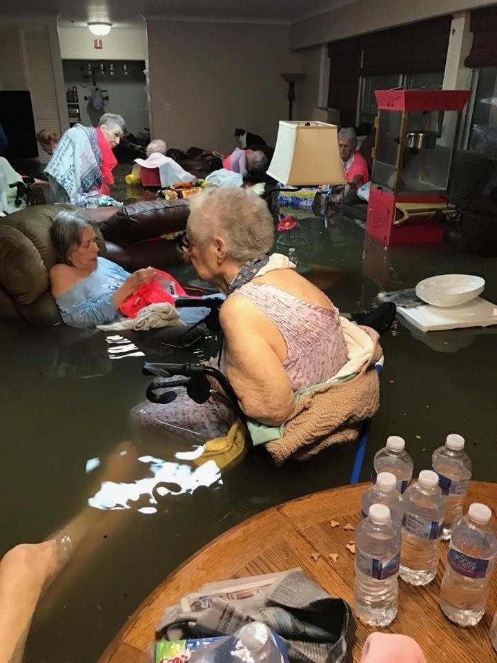 Elderly residents of the La Vita Bella nursing home in Dickinson, southeast Texas, await rescue from floodwaters on Sunday. Photo: Twitter / Timothy J. McIntosh