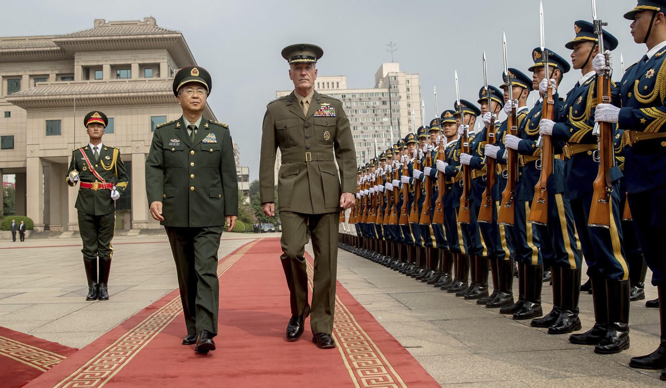 Fang Fenghui (second left) with US Joint Chiefs Chairman General Joseph Dunford (centre) at a welcoming ceremony for the US officer in Beijing last month. Photo: AP
