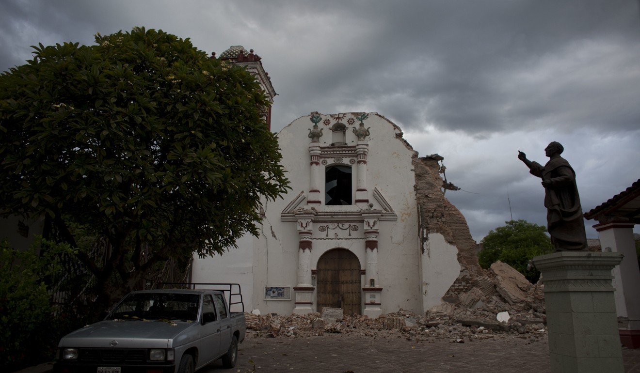 San Vicente church stands heavily damaged after Thursday's magnitude 8.1 earthquake, in Juchitan on Sunday. Photo: AP