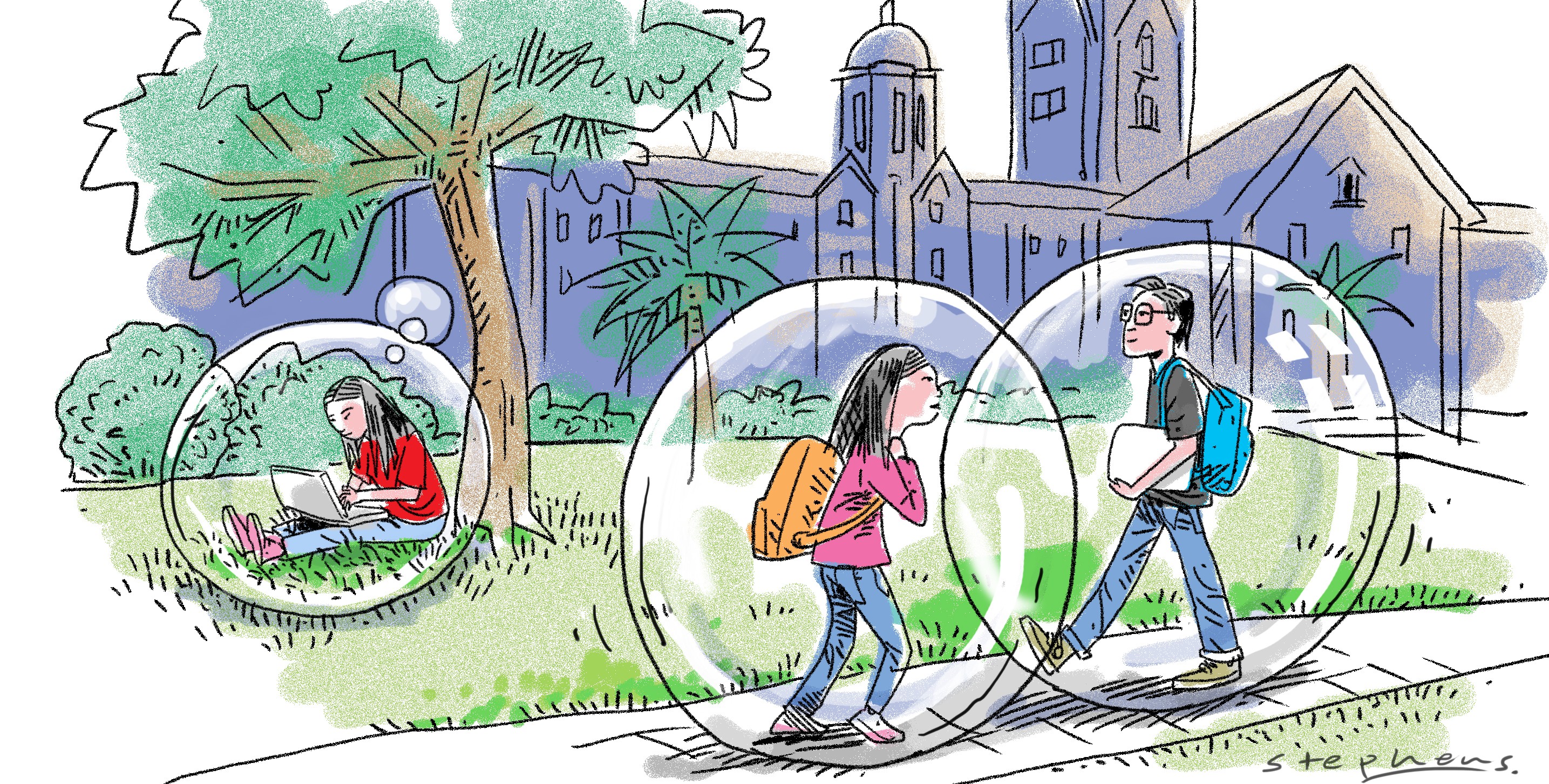 Social media in particular creates a bubble for students. They listen only to views that are the same as theirs, they form peer groups around social media platforms, thus sealing the bubble even more, and they constantly have their views reinforced. Illustration: Craig Stephens