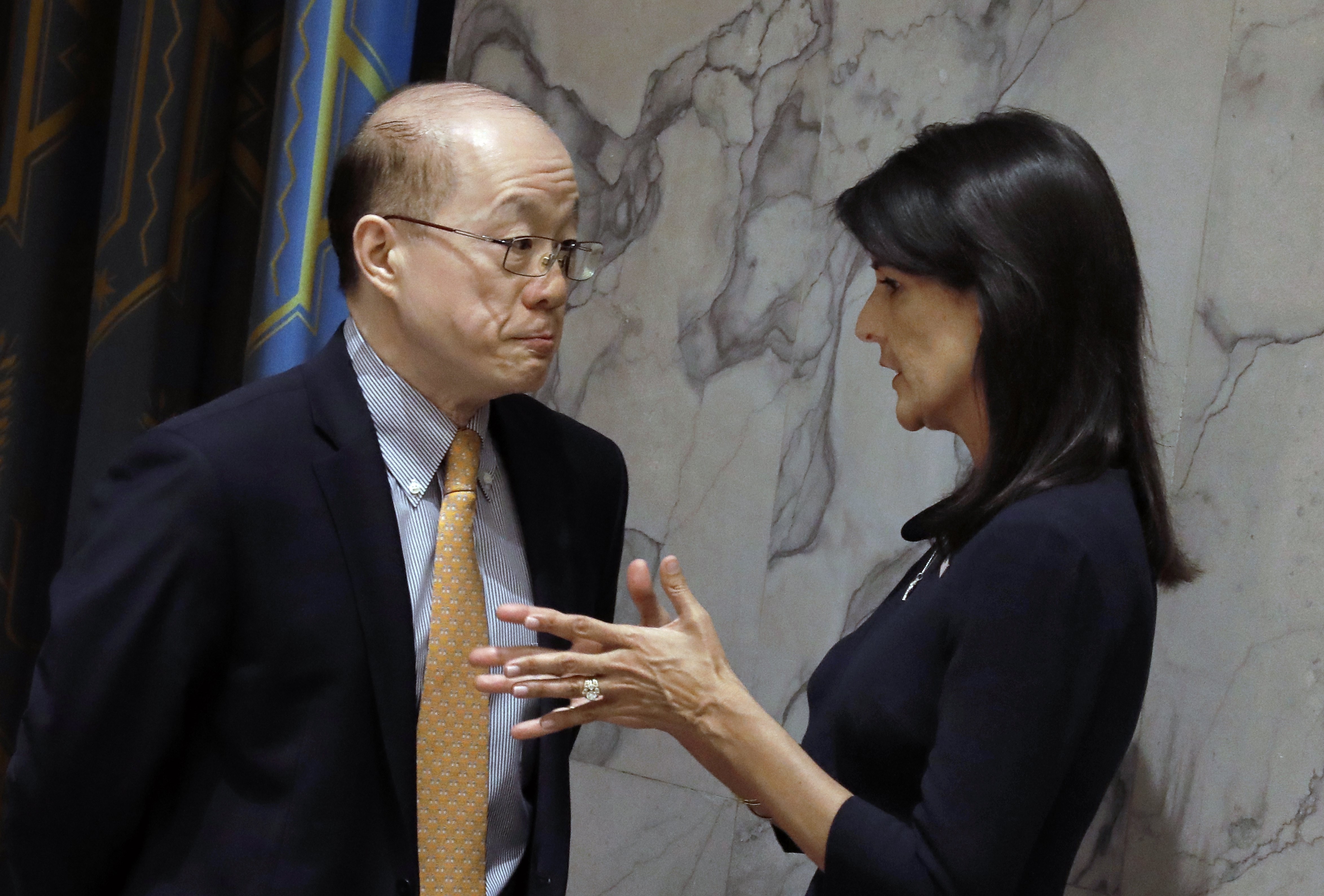 US Ambassador to the UN Nikki Haley speaks to UN Chinese Ambassador Liu Jieyi before a Security Council meeting on the situation in North Korea, at the UN headquarters in New York on September 4. Photo: EPA-EFE