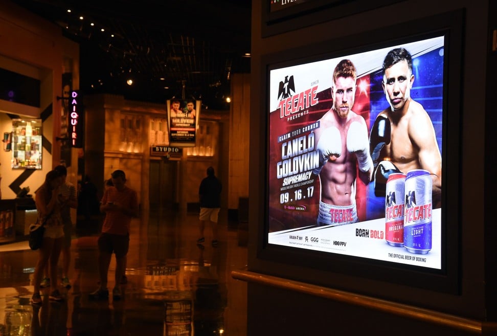 A poster at MGM Grand Hotel and Casino advertises the fight between WBC, WBA and IBF middleweight champion Golovkin and Alvarez. Photo: AFP