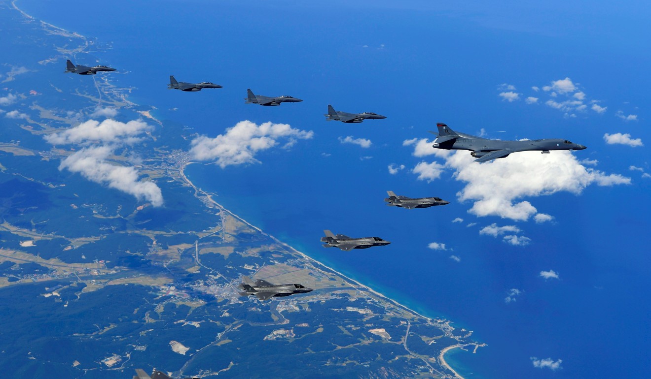 A a US Air Force B-1B Lancer bomber, US F-35B stealth jet fighters and South Korean F-15K fighter jets fly over South Korea during a joint military drill. Photo: AFP