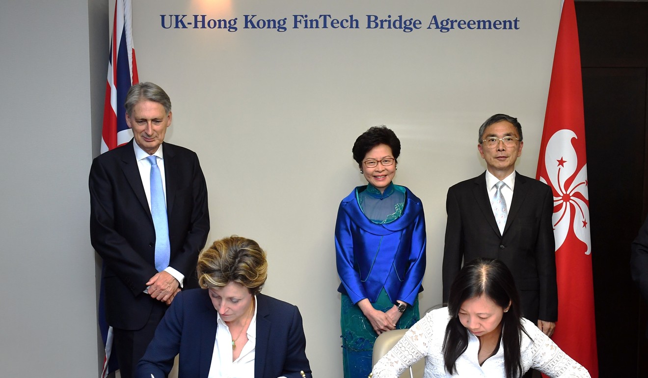 Hong Kong Chief Executive Carrie Lam (centre, with Chancellor of the Exchequer of the United Kingdom Philip Hammond, left) witnesses the signing of the fintech bridge agreement in London. Photo: ISD