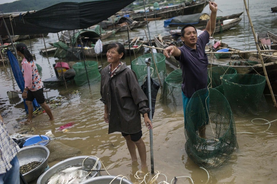A couple from the Tanka community sell fish on the shore in Datang. Photo: AFP