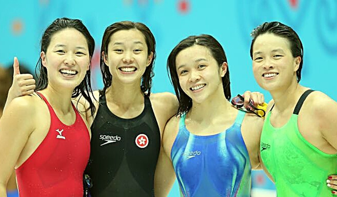 The record breaking Asian Indoor Games women's medley team of Yvette Kong Man-yi, Stephanie Au Hoi-chun, Sze Hang-yu and Chan Kin-lok. Photo: SF&OC