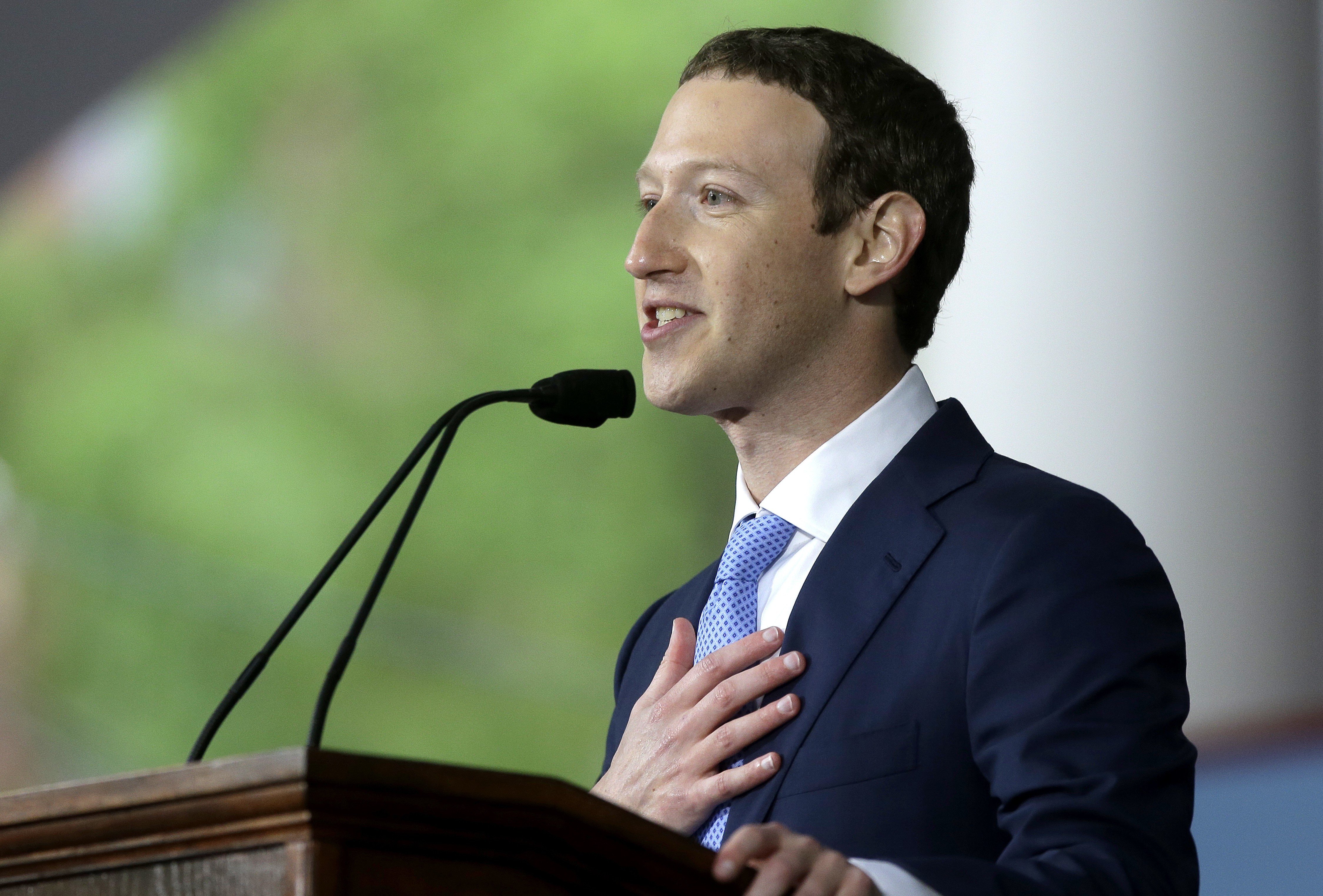 Facebook CEO and co-founder Mark Zuckerberg speaks at the Harvard University graduation ceremony in Cambridge, Massachusetts, on May 25. Photo: AP