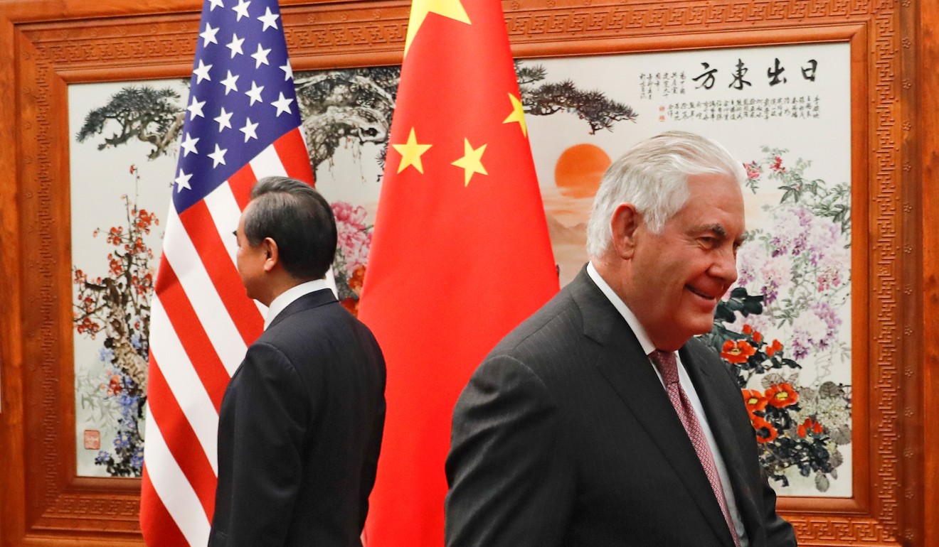 US Secretary of State Rex Tillerson walks by Chinese Foreign Minister Wang Yi before a meeting at the Great Hall of the People in Beijing on Friday. Tillerson has said lines of communication between the US and North Korea are open, though President Donald Trump has called such communications a “waste of time”. Photo: Reuters