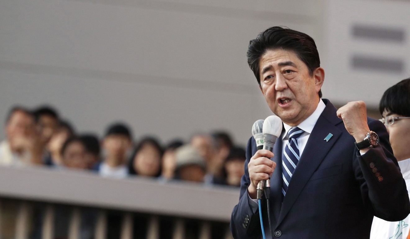 Japan’s Shinzo Abe gives a stump speech in Tsukuba on Wednesday. Prime minister since 2012, Abe may yet regret announcing an election on October 22. Photo: Kyodo