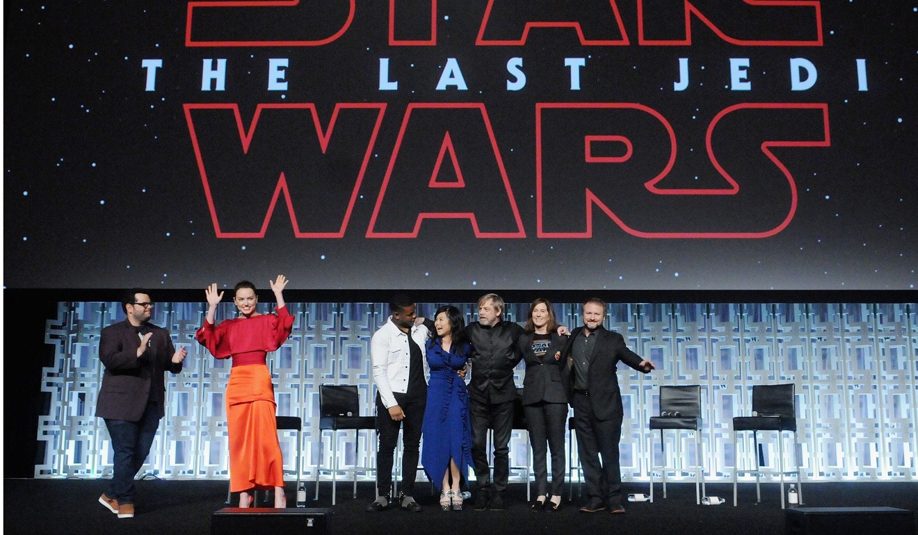 Josh Gad, Daisy Ridley, Kelly Marie Tran, Mark Hamill, Kathleen Kennedy and Rian Johnson attend the Star Wars: The Last Jedi panel. Photo: AFP