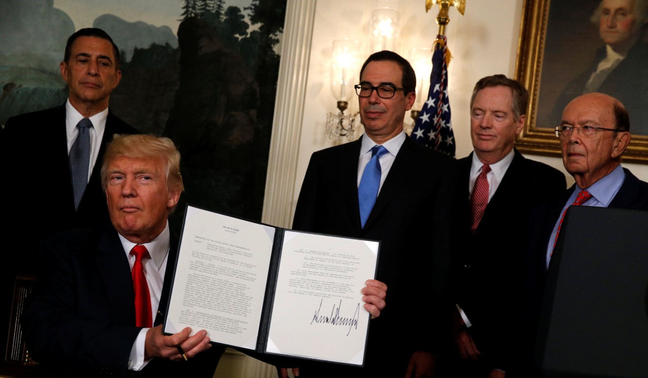 US President Donald Trump pictured after signing the memorandum that instructed Robert Lighthizer, second right, to start an investigation into China’s trade practices. Photo: Reuters