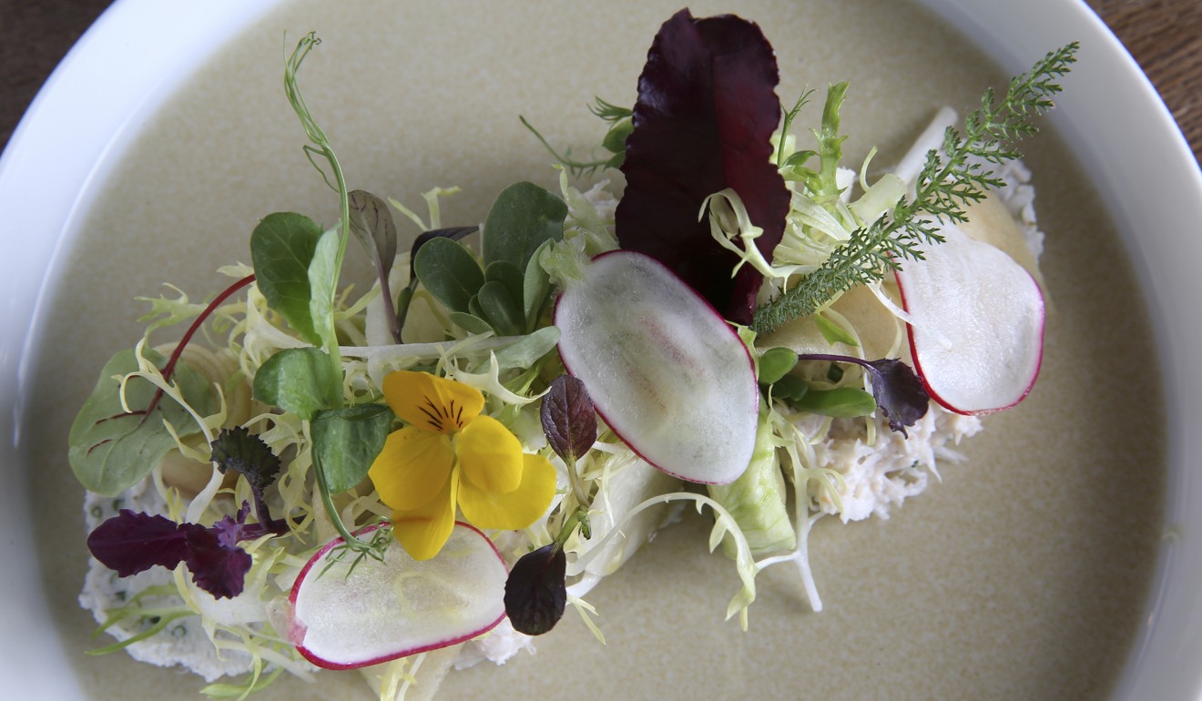 Scottish brown crab with green apple, seaweed, ewe's milk ricotta and charred cucumber salad. Photo: K.Y. Cheng