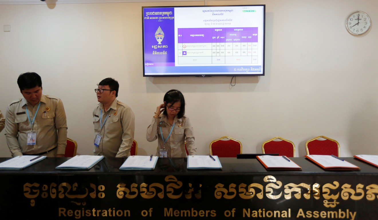 A television screen showing ‘67’ (top), to indicate lawmakers from the Cambodia People’s Party and zero for lawmakers from Cambodia’s National Rescue Party (CNRP) during a plenary session of the National Assembly. Photo: Reuters