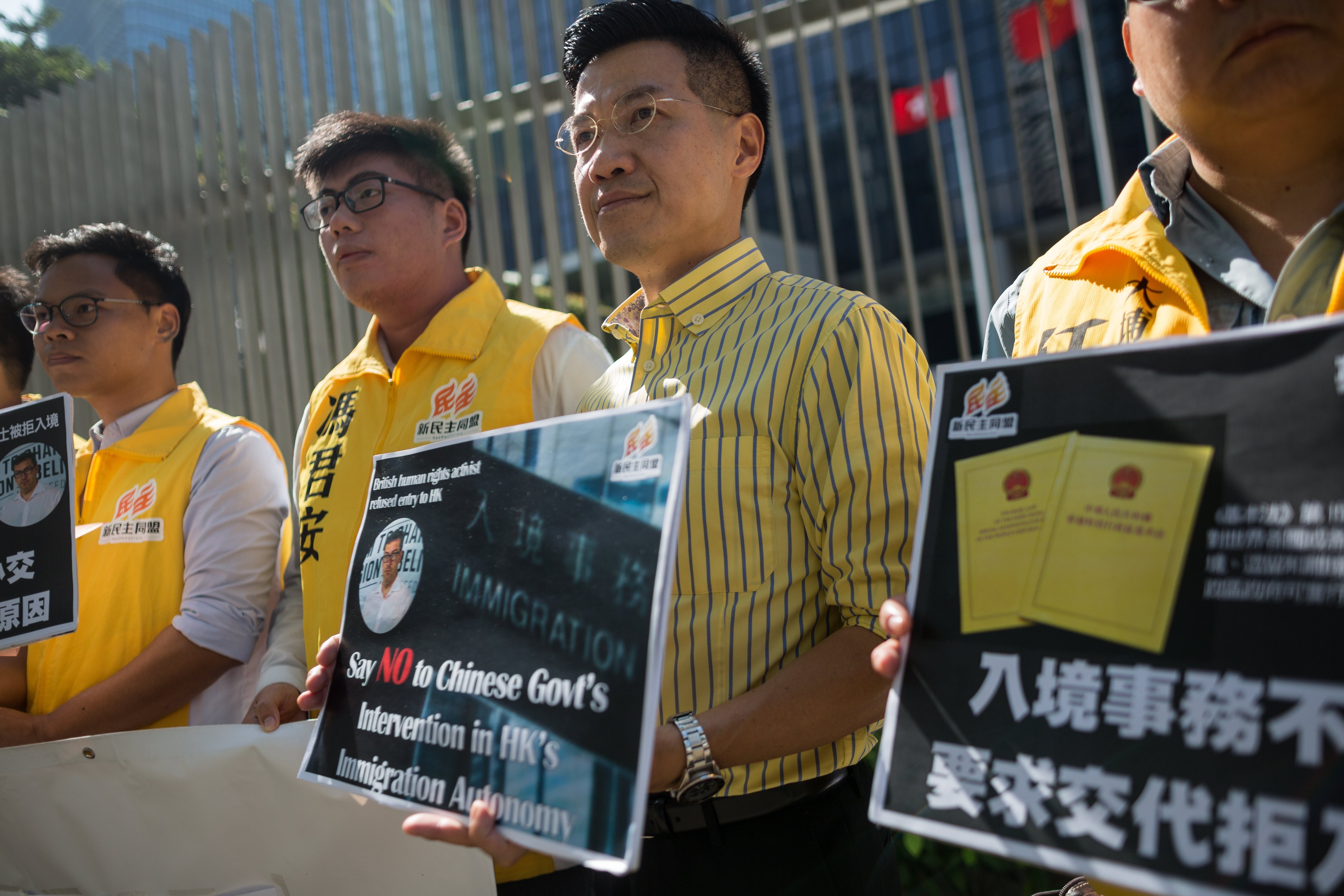 Pro-democracy activists believe Beijing is to blame for the decision to stop British Conservative Party activist Benedict Rogers entering Hong Kong. They held a protest on October 13 outside the government headquarters in Hong Kong. Photo: EPA-EFE