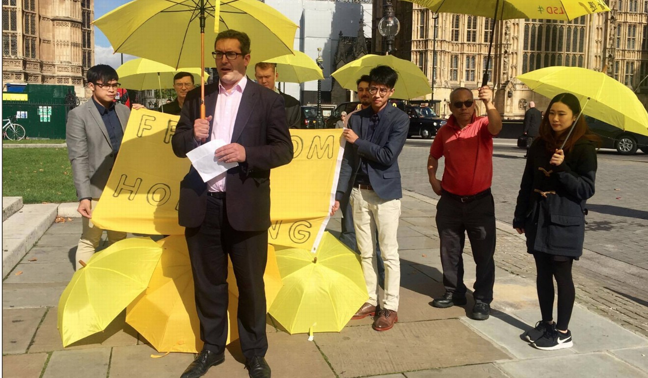 Benedict Rogers speaks at a demonstration for Hong Kong democracy outside Parliament in London, on September 28. Photo: Benedict Rogers’ Twitter account