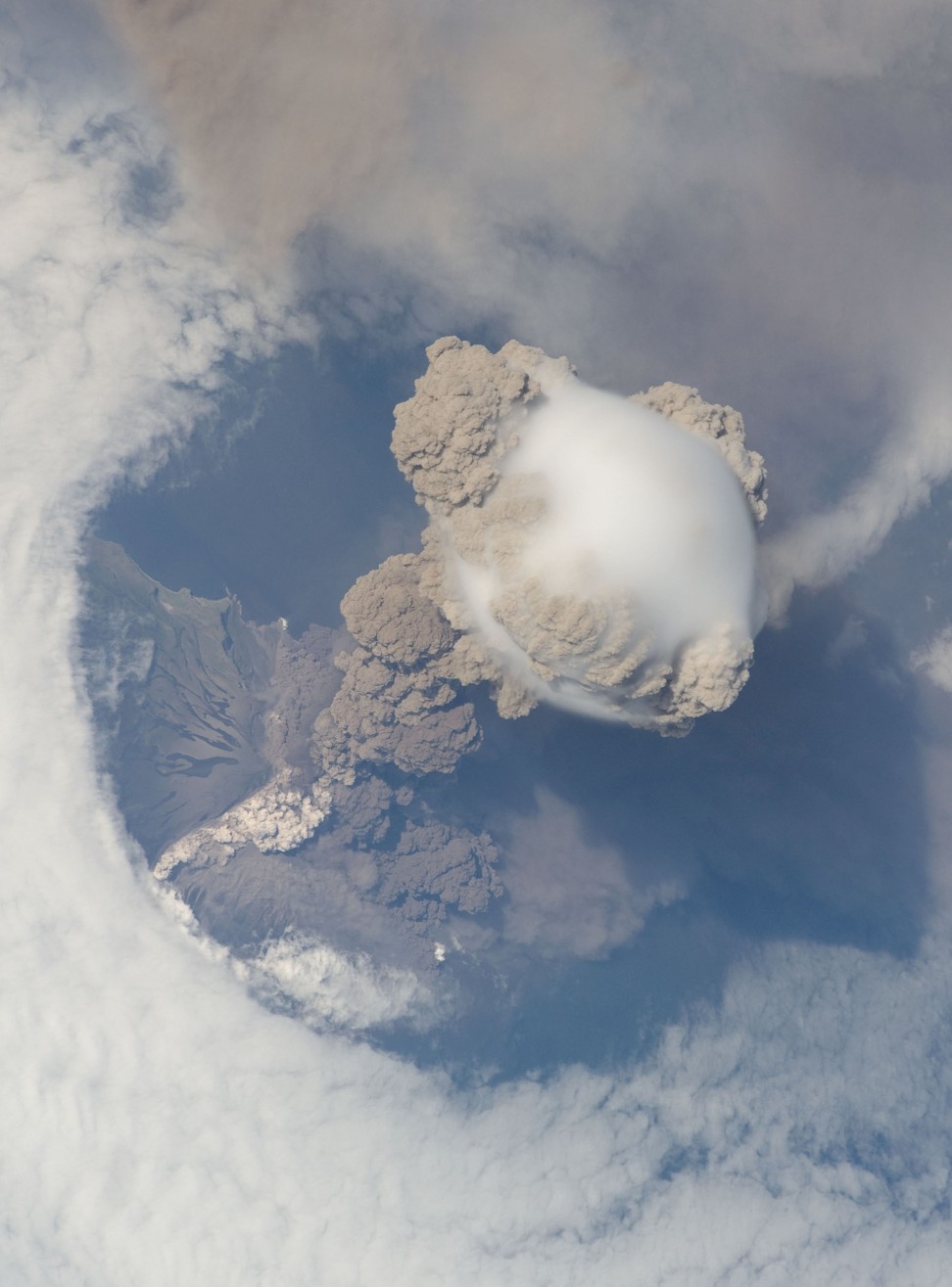 In this image provided by Nasa, a fortuitous orbit of the International Space Station allowed the astronauts this striking view of Sarychev volcano, in Russia's Kuril Islands, northeast of Japan. Photo: Nasa via AP