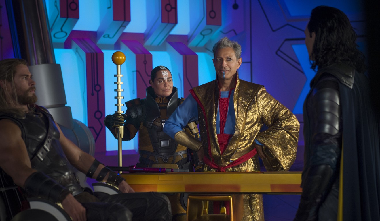 From left: Chris Hemsworth as Thor, Rachel House as Topaz, Jeff Goldblum as Grandmaster and Tom Hiddleston as Loki in Thor: Ragnarok.