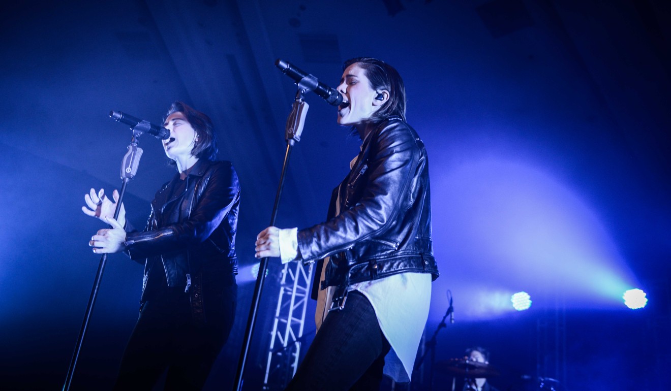 Tegan and Sara on stage at Kitec in Kowloon Bay in 2016.