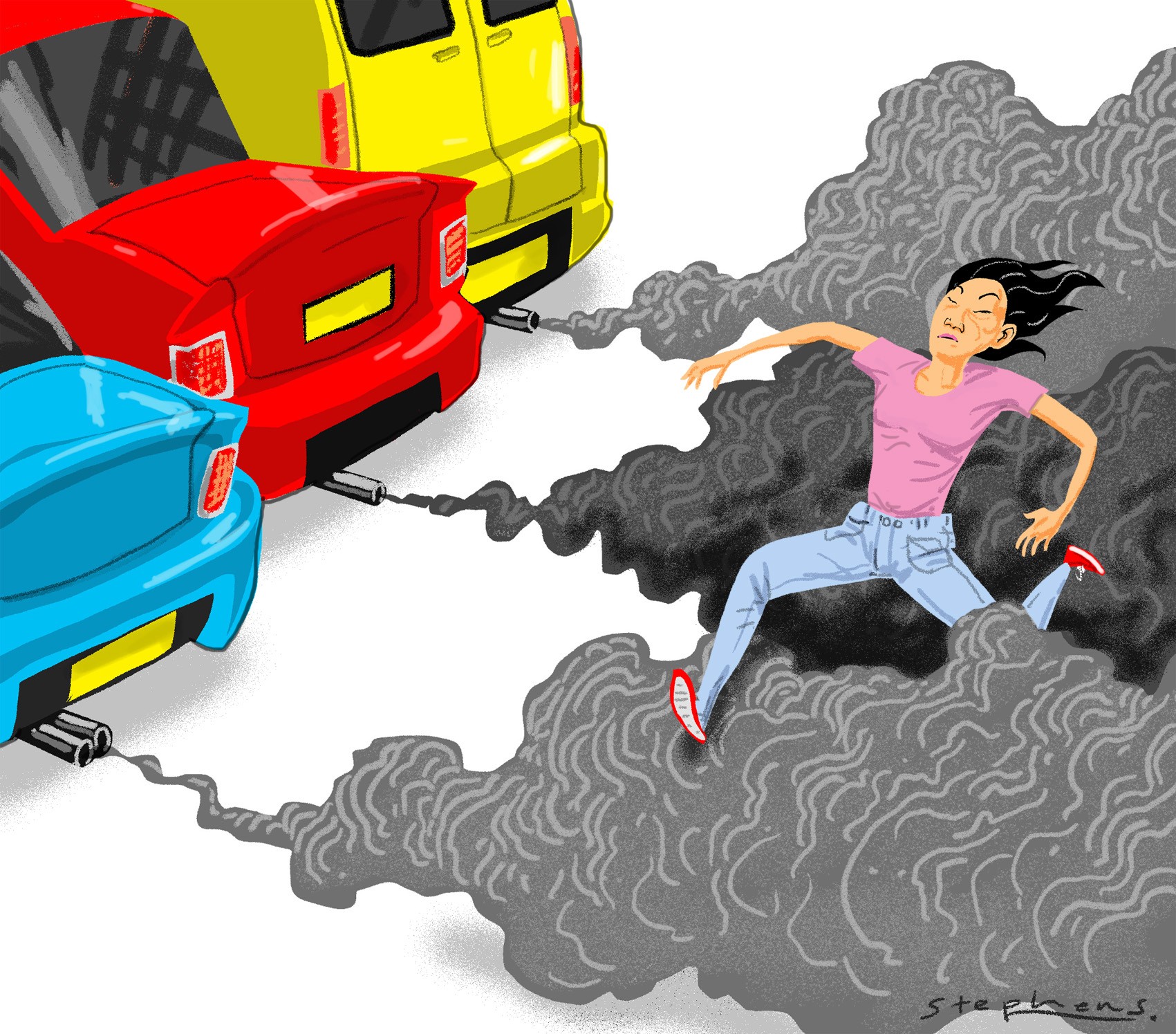 Pedestrians in Hong Kong are often forced to walk on the road. This is not only unsafe but increases proximity to exhaust emissions while contributing to impaired traffic flow, which in turn increases emissions. Illustration: Craig Stephens